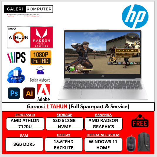 Laptop Gaming HP 15 AMD Athlon Silver 7120u 8GB DDR5 512GB SSD Radeon Graphics FHD BL IPS Windows 11