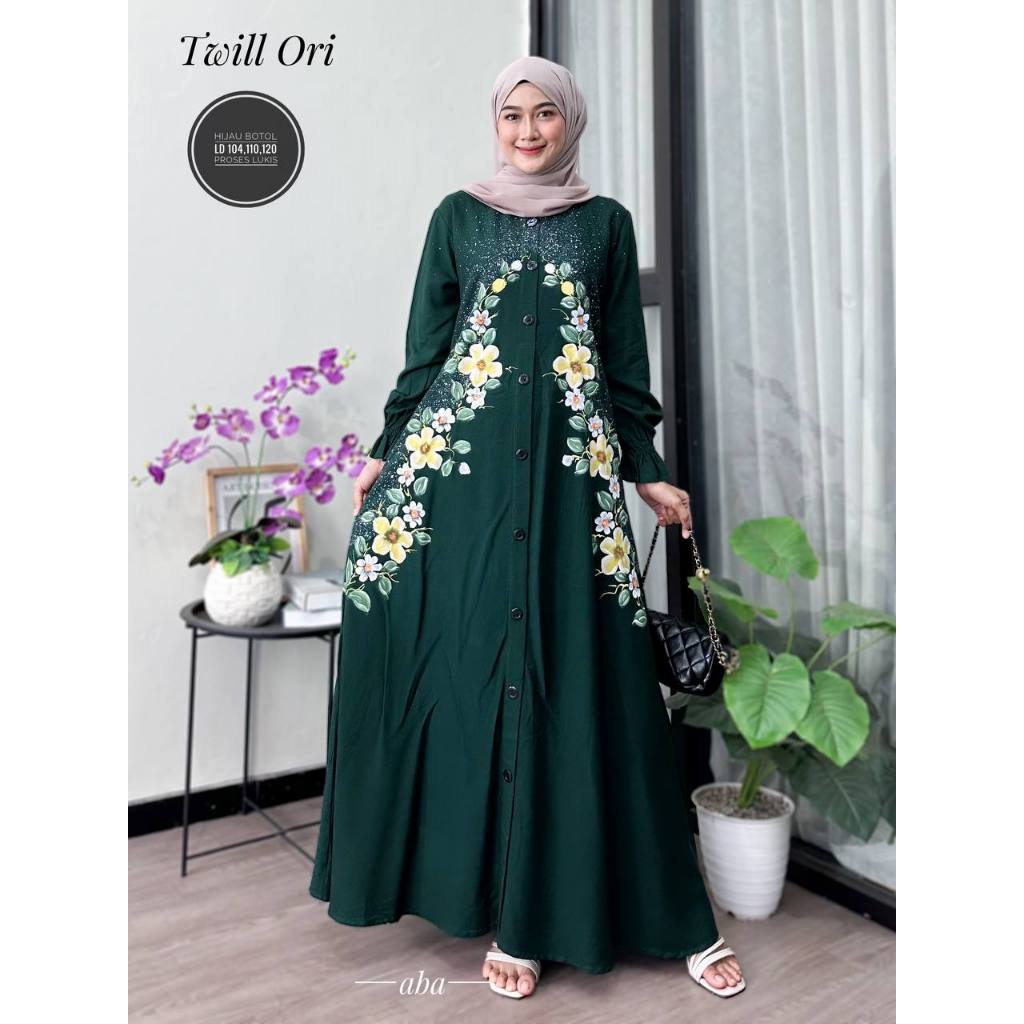 Ferisa NEW ARRIVAL Gamis lukis twill ori gamis hijau botol gamis hitam gamis pesta elegan