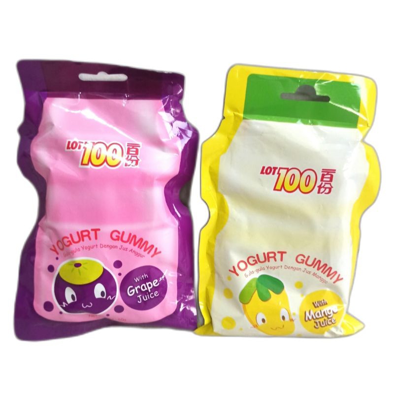 

Lot100 Yoghurt Gummy with Grape Mango Juice Pouch 60g / Lot100 Permen Lunak Aneka Rasa Buah 60g