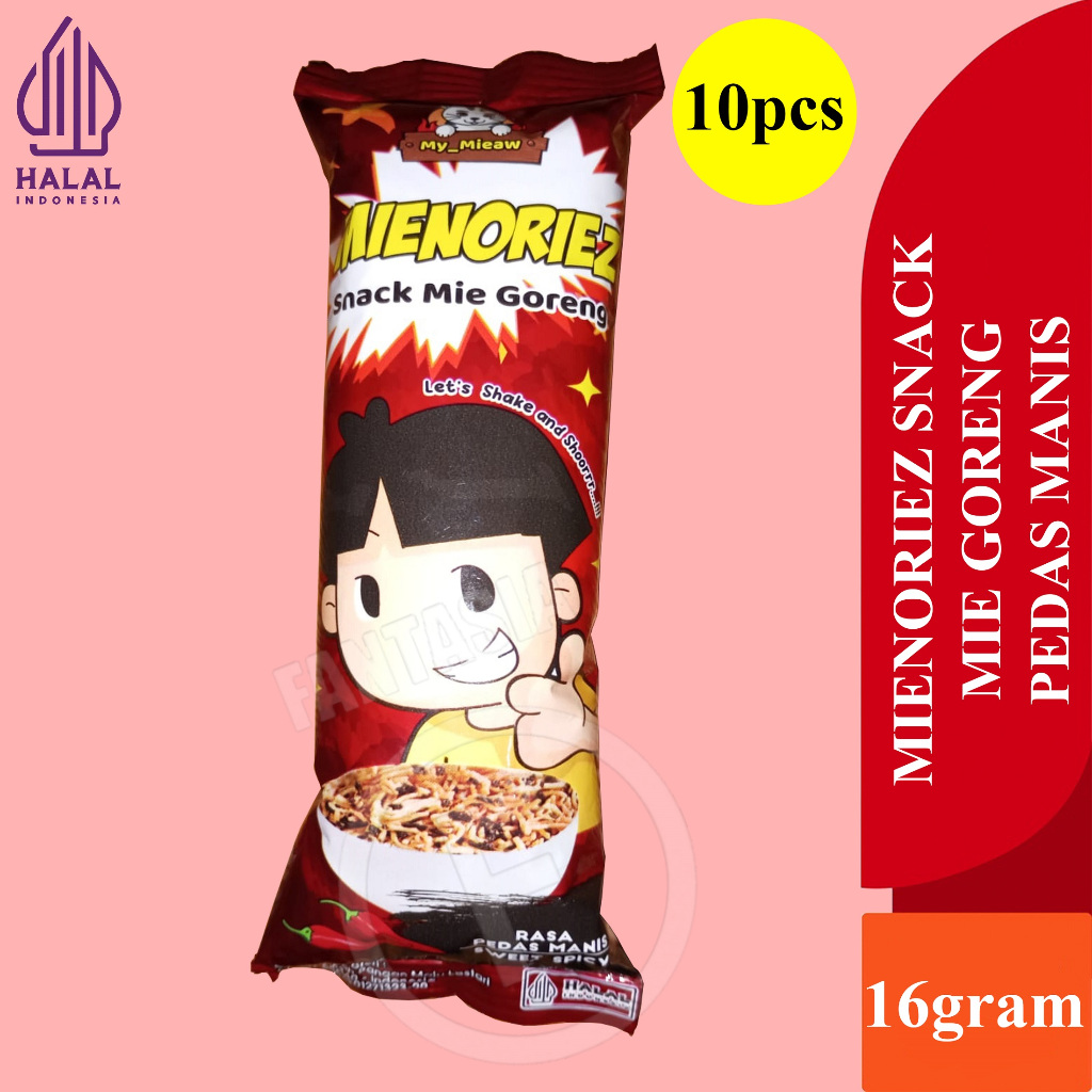 

MY_MIEAW MIENORIEZ CEMILAN MAKANAN RINGAN SNACK MIE GORENG PEDAS MANIS PACK ISI 10 BUNGKUS 16 GRAM FANTASIA DENGAN PAKING AMAN