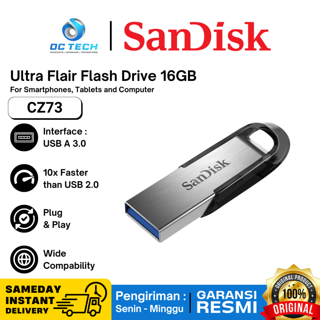 USB Flashdisk SanDisk 16 GB USB 3.0 Ultra Flair Sandisk CZ73 Metal Anti Panas Garansi Resmi