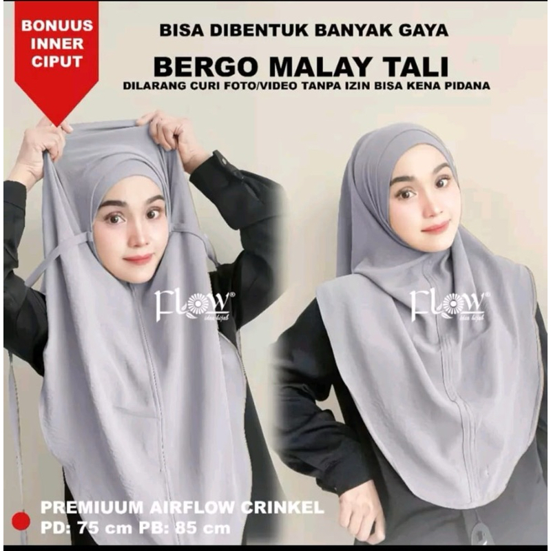bergo hijab instant malay tali airflow ori flowidea (bonus ciput iner + bross anting)
