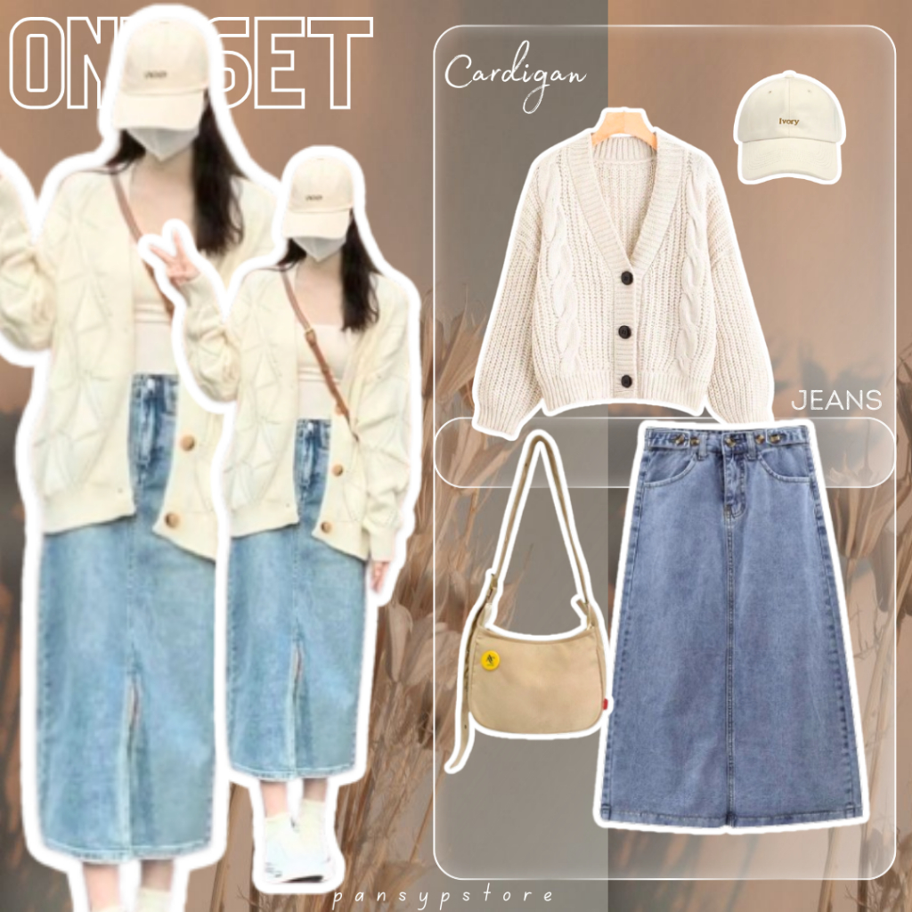 One Set Setelan Korean Style / Cardigan With Jeans Free Baseball Topi / Cardigan Rajut Premium
