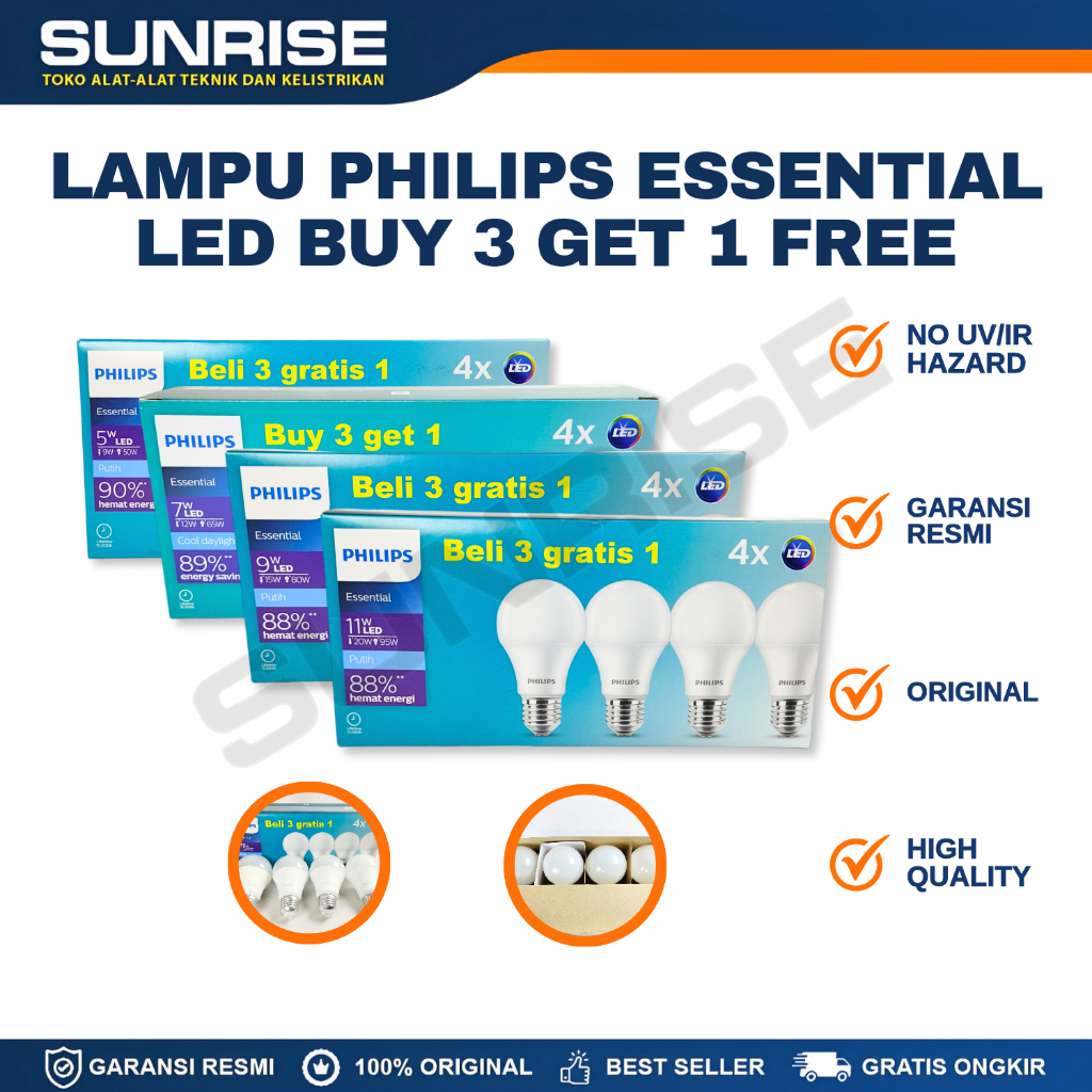 PAKET LED PHILIPS ESSENTIAL PUTIH BELI 3 GRATIS 1