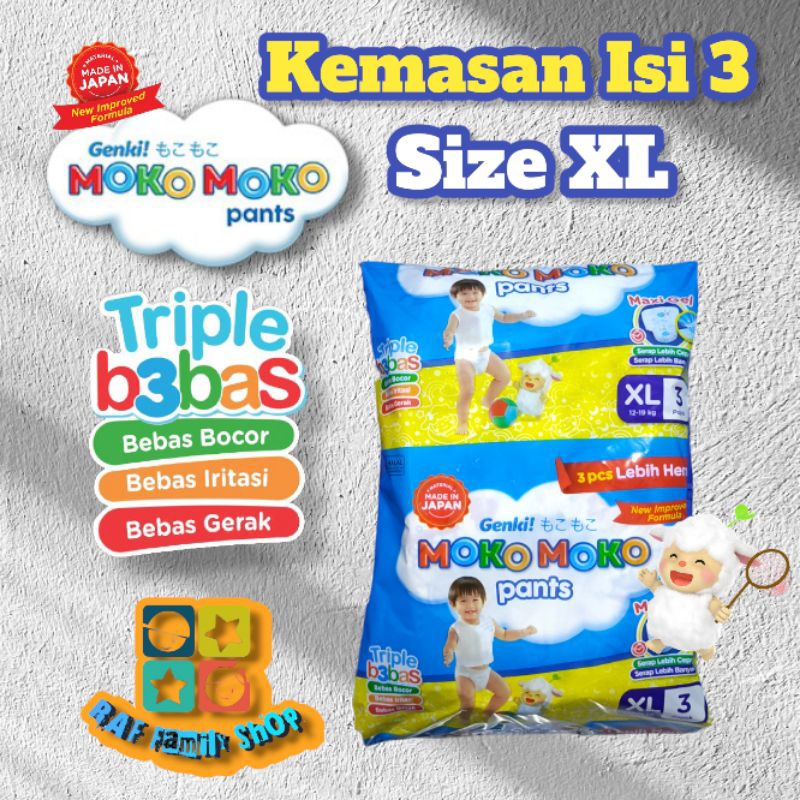 Popok Genki Moko Moko Pants Renceng XL Isi 3 (1 Renceng = 4 pack = 12 pcs)