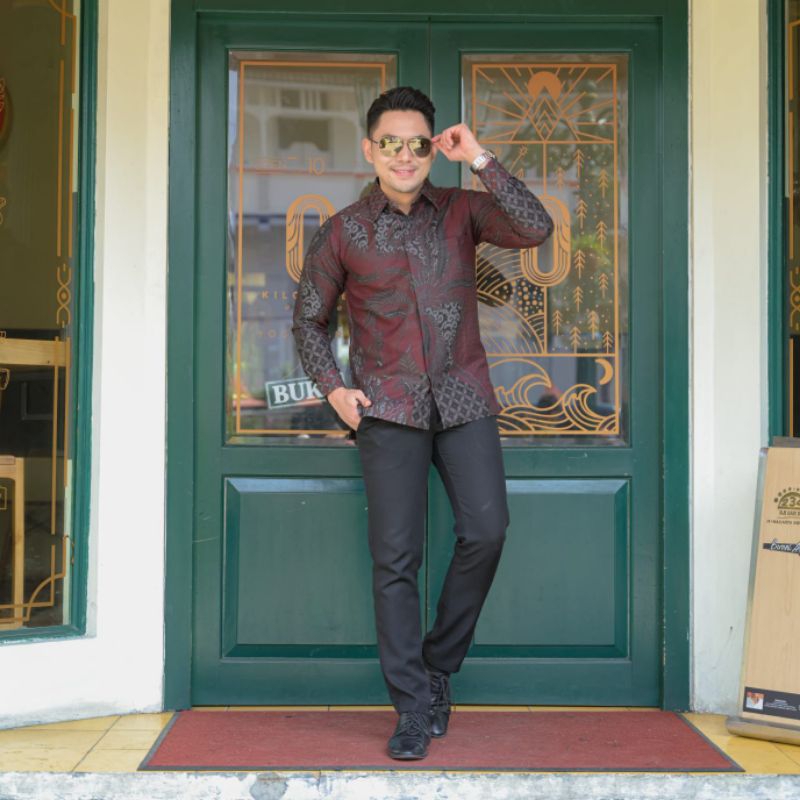 kemeja batik pria bahan doby lasem abu marun