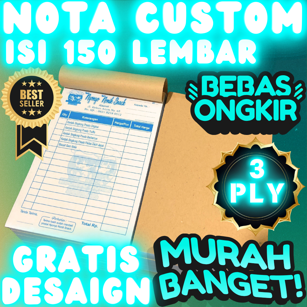 

Cetak Nota Custom 3 Ply Isi 150 Lembar Gratis Desaign dan Logo Toko Kwitansi Custom