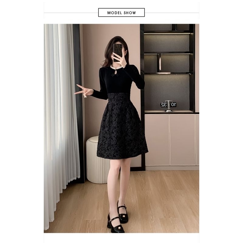 Midi dress wanita warna hitam cantik Korea lengan panjang elegant
