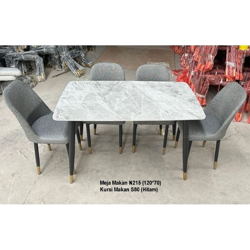 Meja Makan Set Motif Marmer 4 Kursi Kaki Besi Import White/Grey N215-S80