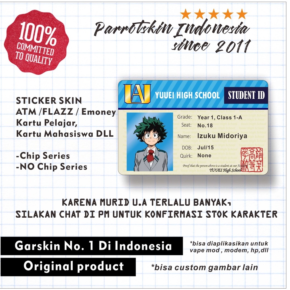 

PRODUK UNGGULAN Sticker Skin Card Vinyl ATM Debit Credit Emoney Flazz My Hero Academia student ID card
