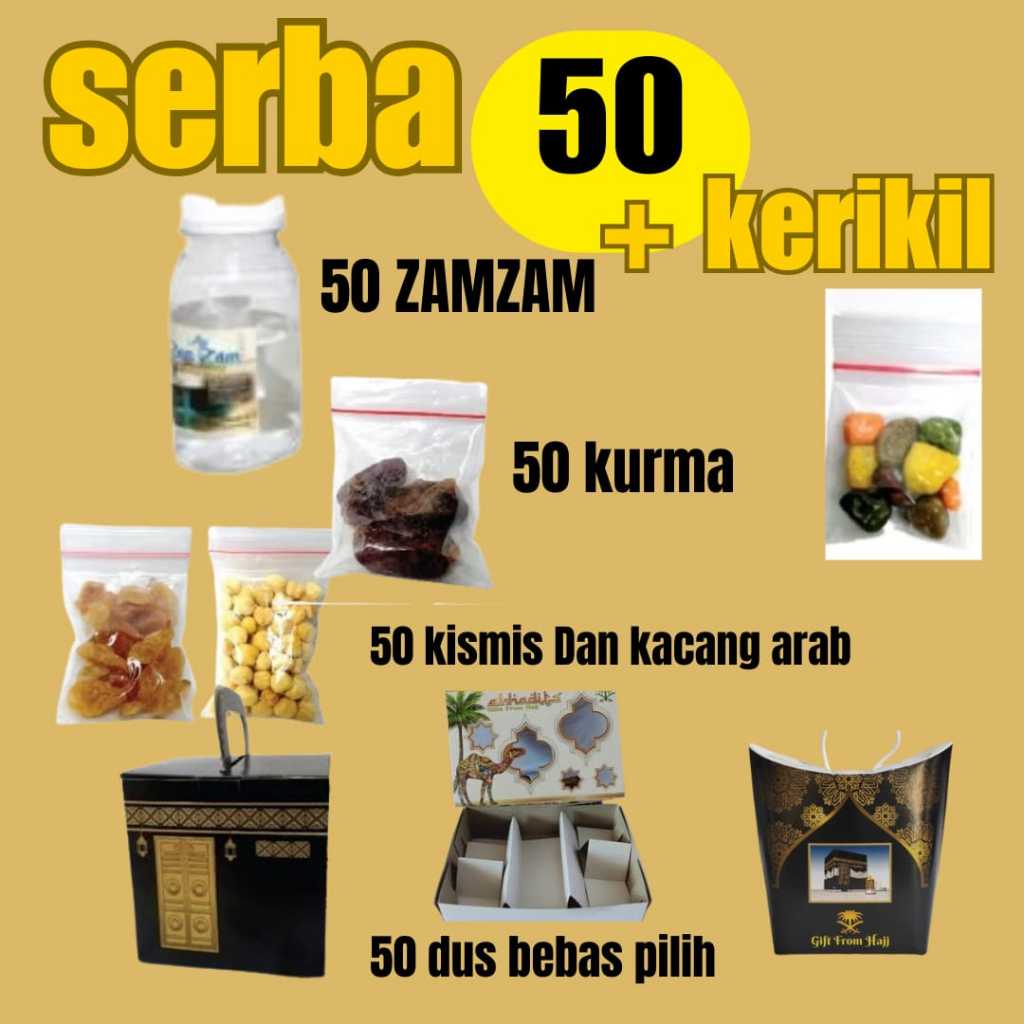 

oleh Oleh haji dan umroh isi 50 paket cokelat kurma kismis kacang arab air zamzam coklat kerikil dus bingkisan souvenir + gift pilih sendiri