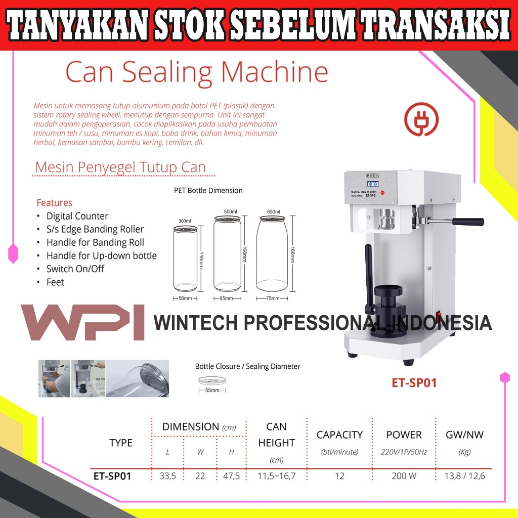 Getra ET-SP01 Can Sealing Machine - Mesin Penyegel Tutup Can Alumunium Pada Botol Pet (Plastik) Sepe