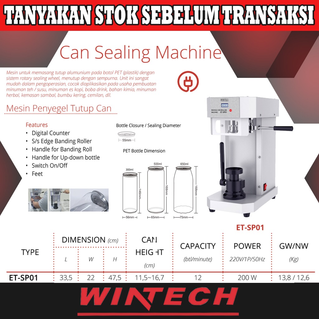 Getra ET-SP01 Can Sealing Machine - Mesin Penyegel Tutup Can Alumunium Pada Botol Pet (Plastik) Sepe