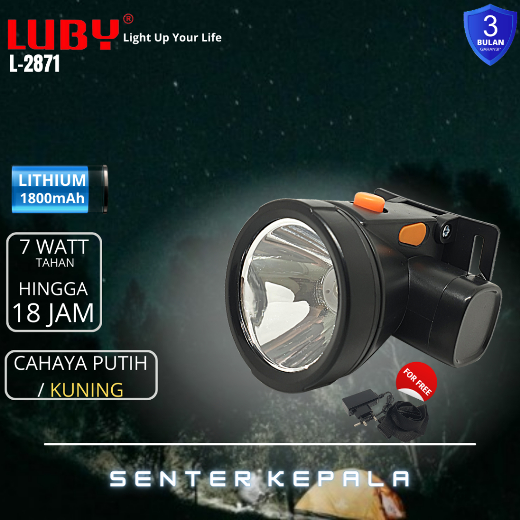 Senter Kepala Luby L-2871 7Watt Cahaya Putih / Senter Kepala Rechargeable / Senter Hiking Tahan Lama