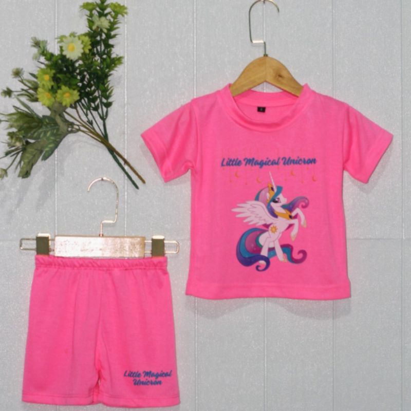 Kaos setelan anak balita perempuan warna bubblegum pink gambar unicorn/ kuda pony/ kaos sehari-hari/