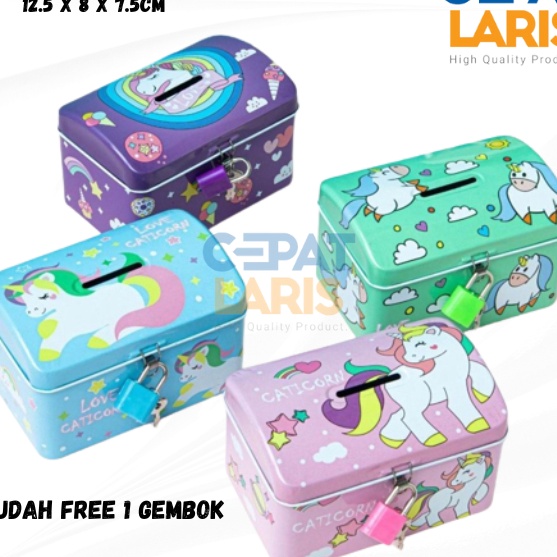 Langka CL Celengan Kaleng Kunci Saving Box Tempat Penyimpanan Uang Motif Unicorn Celengan Gembok Min