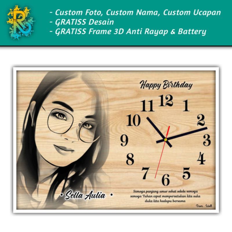 Jam Dinding Kotak Minimalis Custom Foto + Ucapan + Bingkai Hadiah Kado Ulang Tahun/Pernikahan/Annive