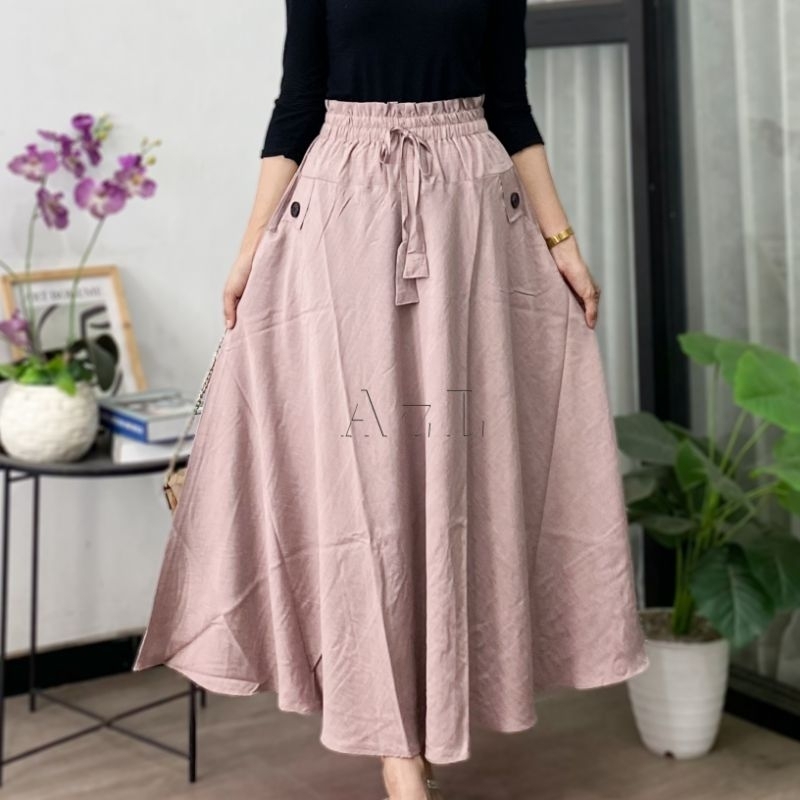 Rok Payung Panjang Polos Bahan Polo Linen | Rok Payung Lebar Wanita