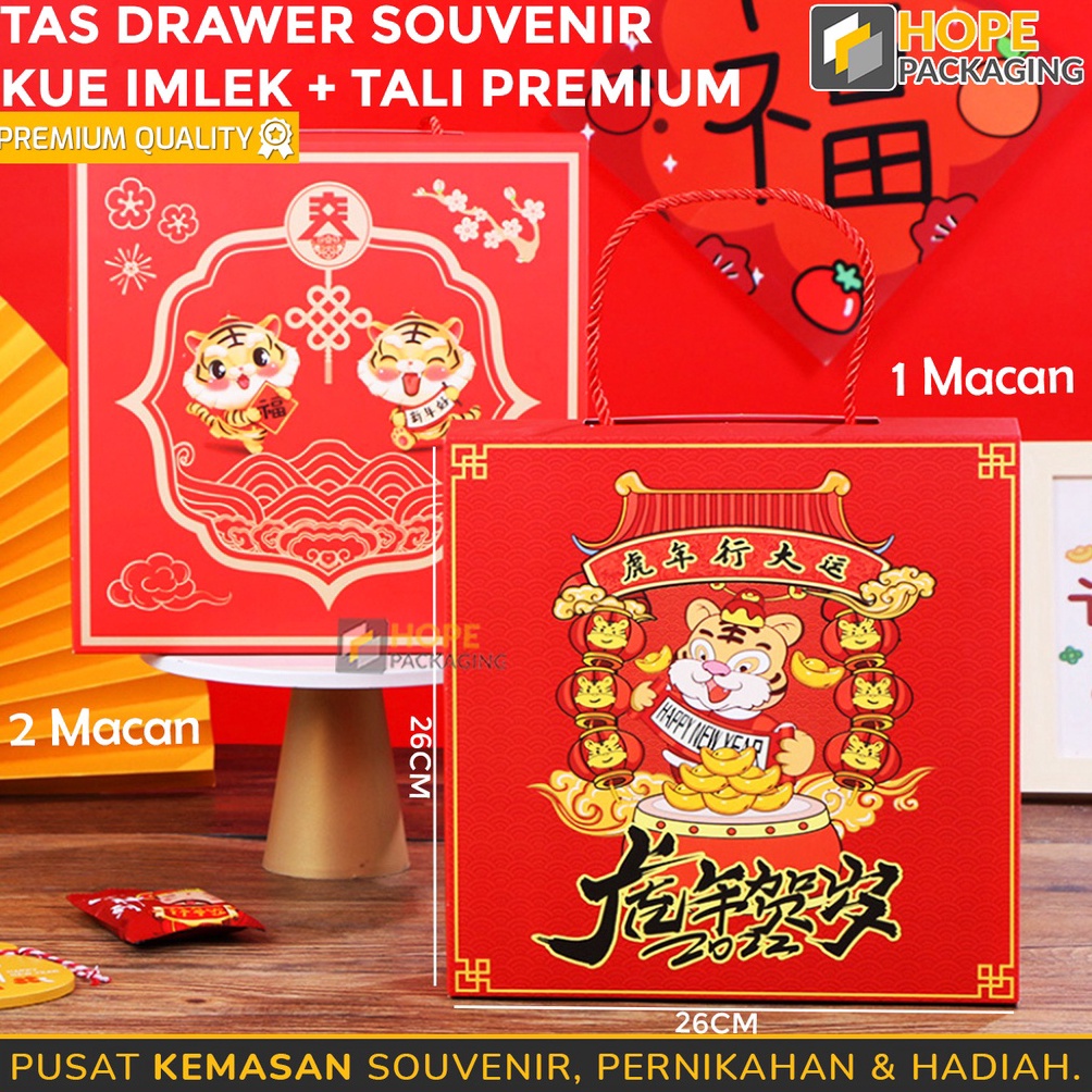 

LIMITLESS Tas Drawer Kue Imlek Tali Premium Kotak Souvernir Kue Kering CNY Kue Keranjang Box Merah
