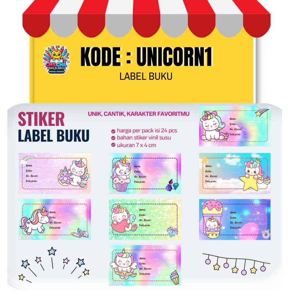 

Stiker label buku unicorn anak stiker tahan air karakter anak perempuan