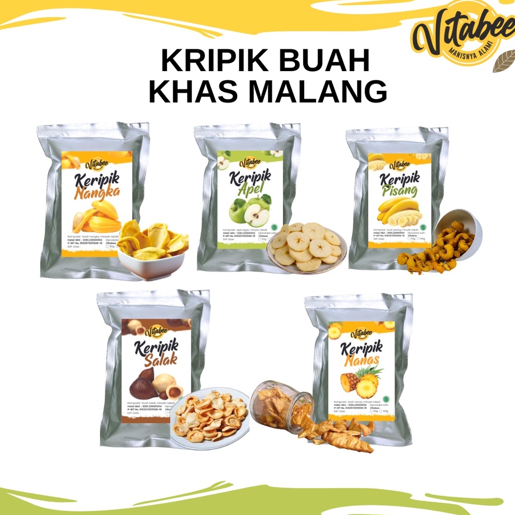 

GEBYAR PROMO Keripik Kripik Buah Nangka Apel Salak Nanas Mangga Rambutan 1 gram Vitabee Khas Kota Malang Garansi Renyah BISA COD