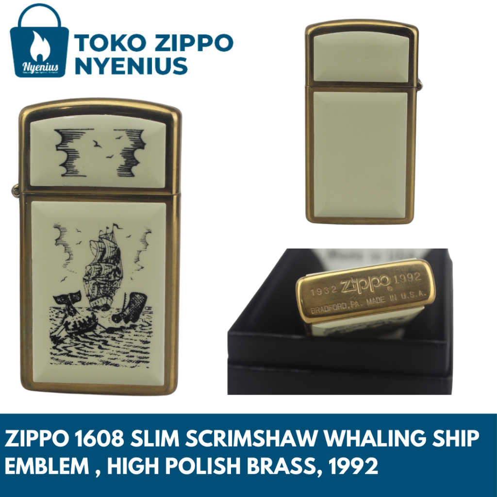 Zippo 1608 Slim Scrimshaw Whaling Ship Emblem, High Polish Brass 1992