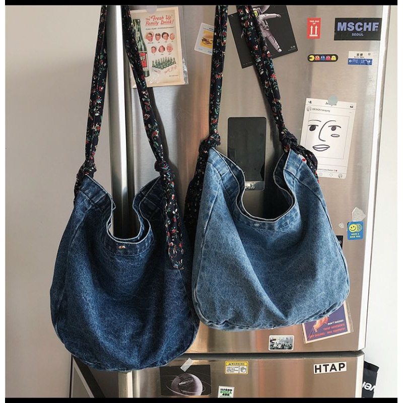 Selempang Denim Strap Floral Tas Wanita Kasual Blue Jeans Shabby RJ205