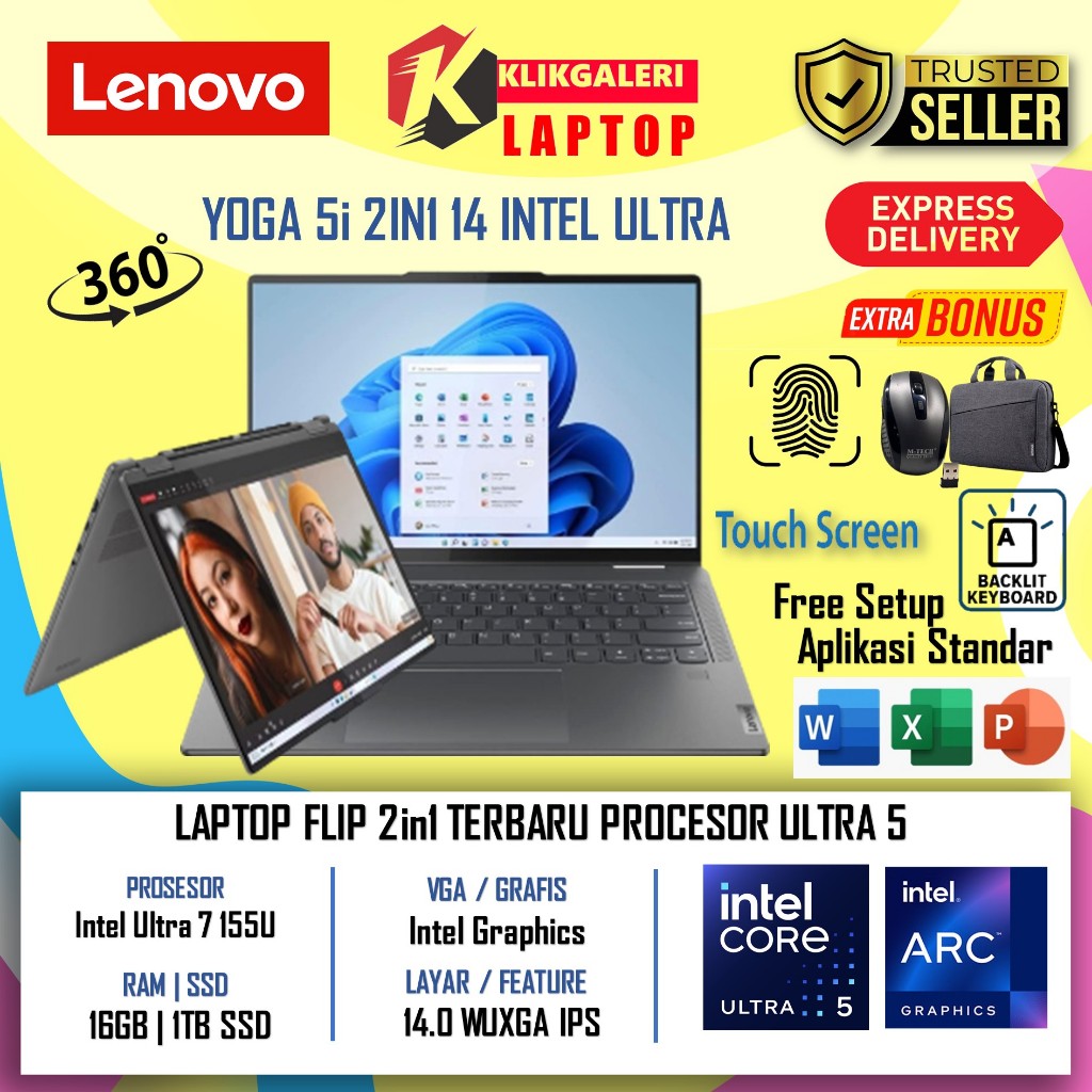 Promo Laptop Baru Touchscreen Flip 2in1 Lenovo YOGA 7i 2IN1 14 INTEL ULTRA 7 155U 16GB DDR5 1TB SSD 