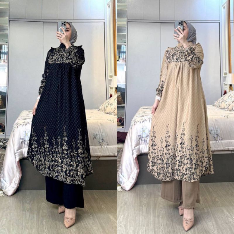 ONE SET TUNIK CRINKLE MOTIF AIRFLOW - SETELAN TUNIK CRINKLE AIRFLOW DIAMON BIGSIZE