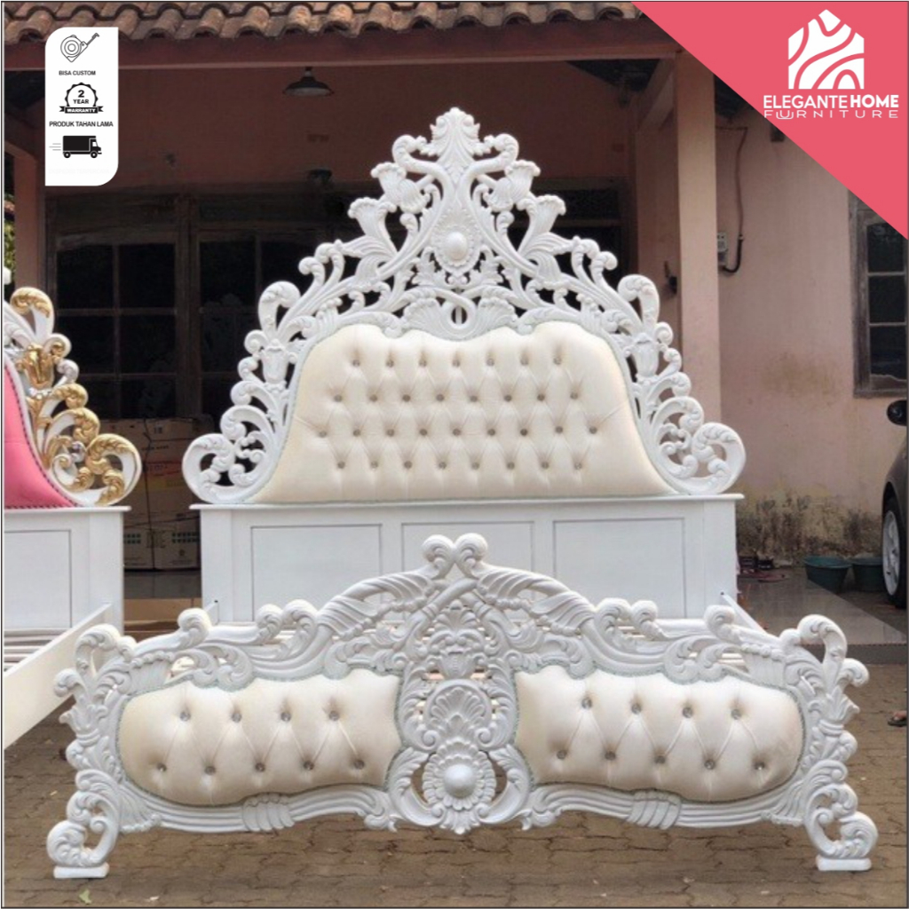 Dipan Barong Tempat tidur ukir jati Putih duco Jepara