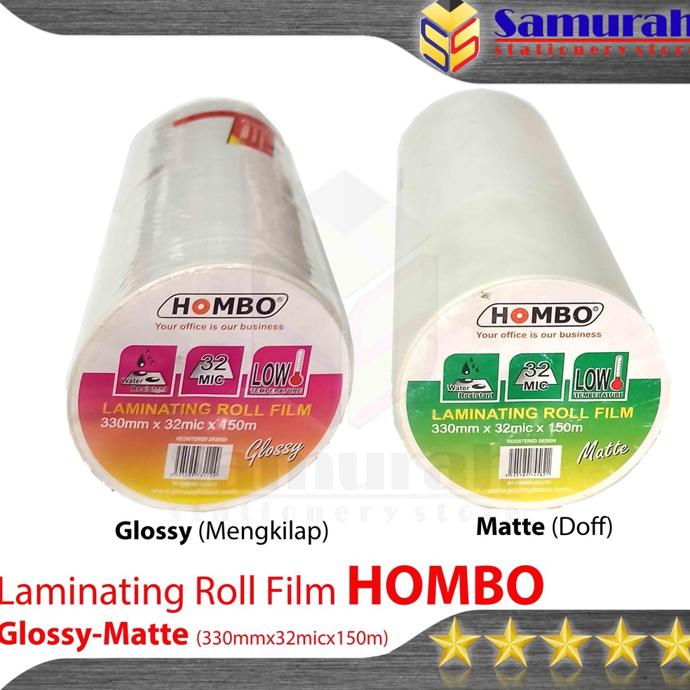 

Plastik Laminating Roll Hombo Glossy Matte Doff 32 Micron isi 1 lembar 32 mm Panjang 15 Meter KODE P5E9