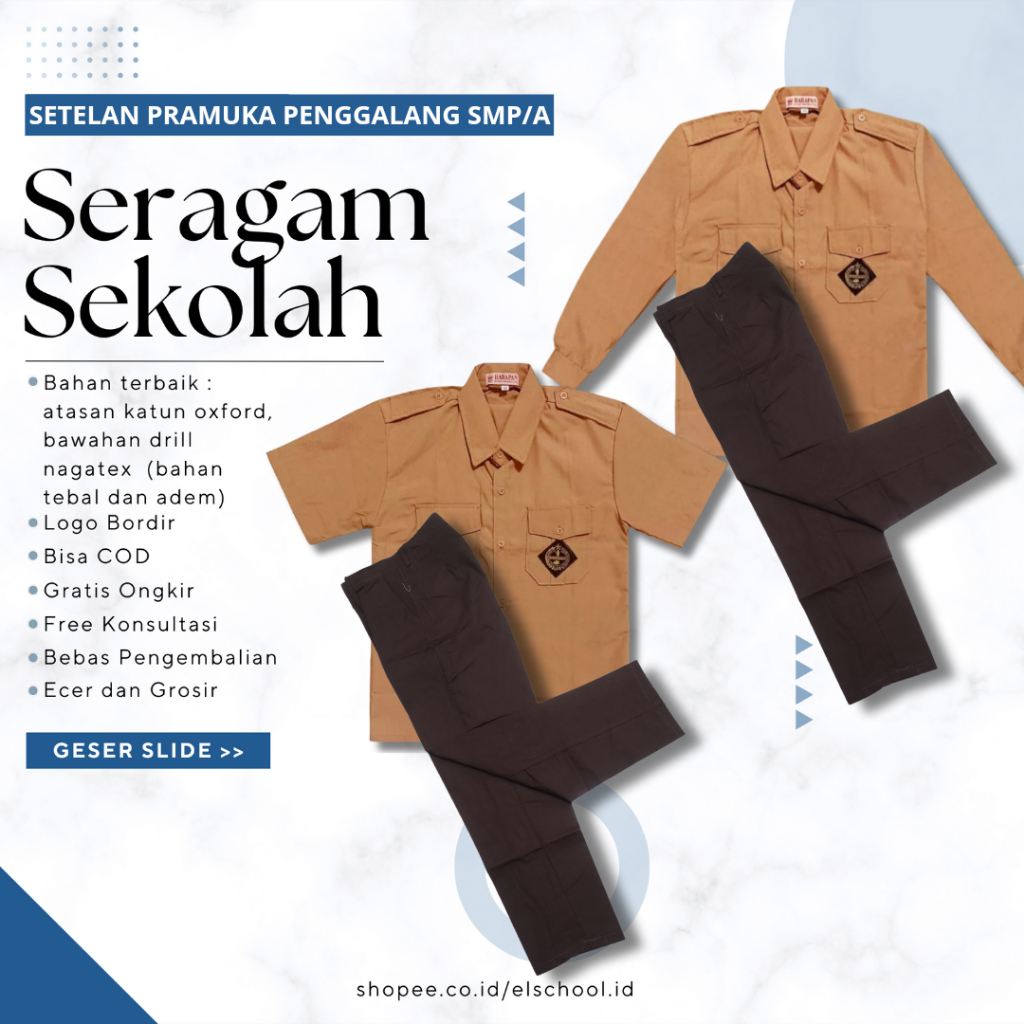El School - Setelan Pramuka SMP SMA Pembina Baju Penggalang Lengan Panjang Pendek Celana Polos Cokla