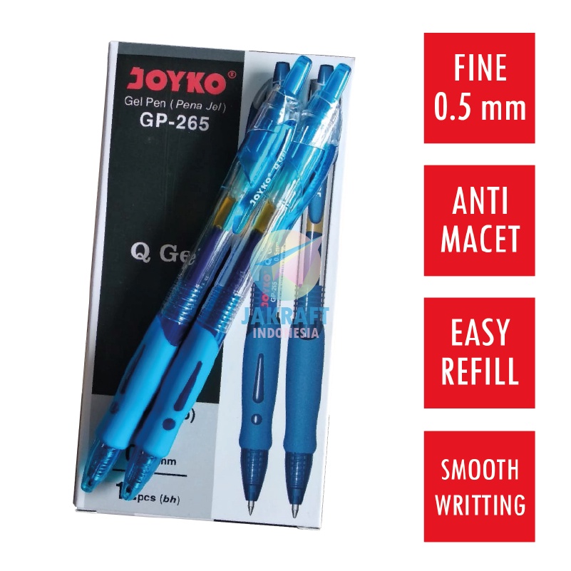 

PROMO MENARIK 12 Pcs Pulpen Gel Pen Klik JOYKO GP265 Q GEL Biru Blue 5 mm Anti Macet Luntur