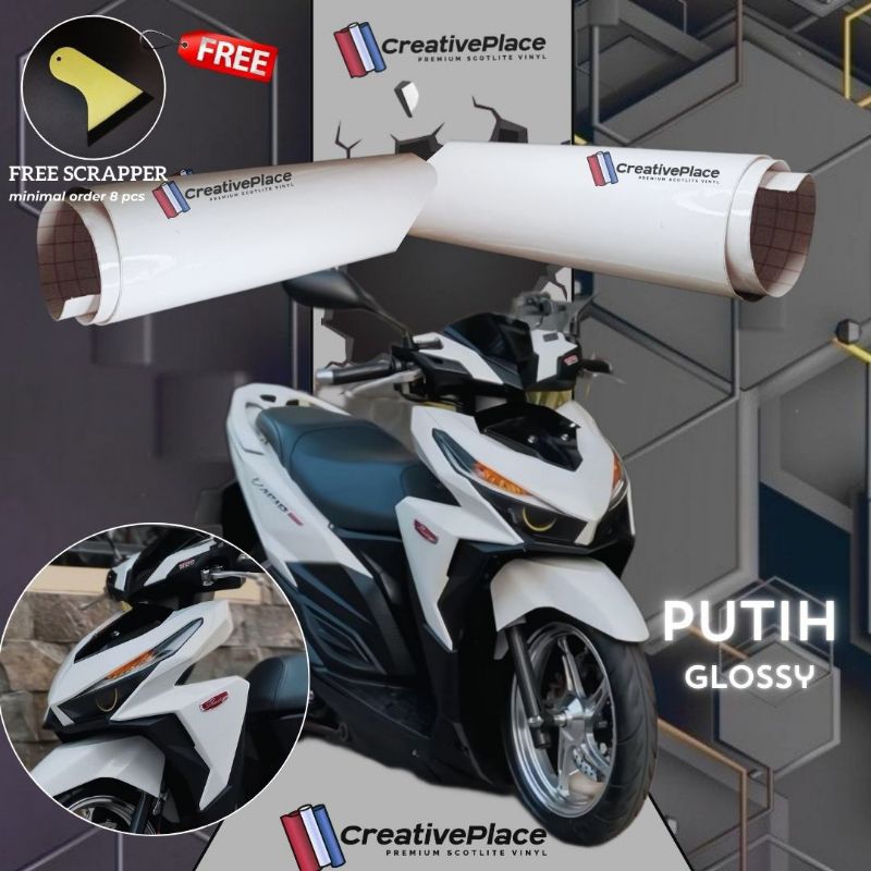 sticker skotlet motor putih super glossy premium / scotlite putih mengkilap