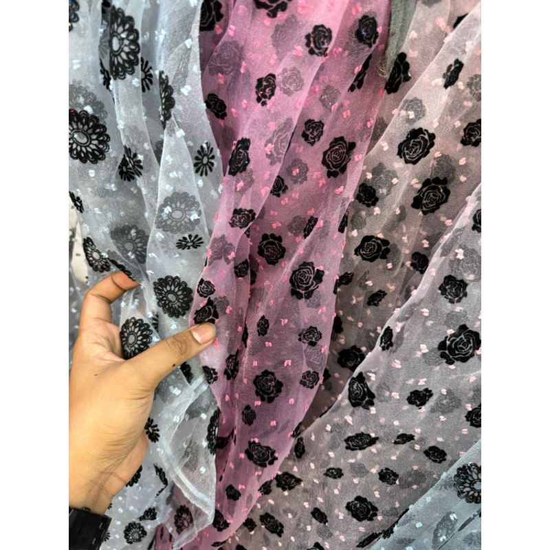 Kain Organza Rubia Motif Bunga Bludru Premium