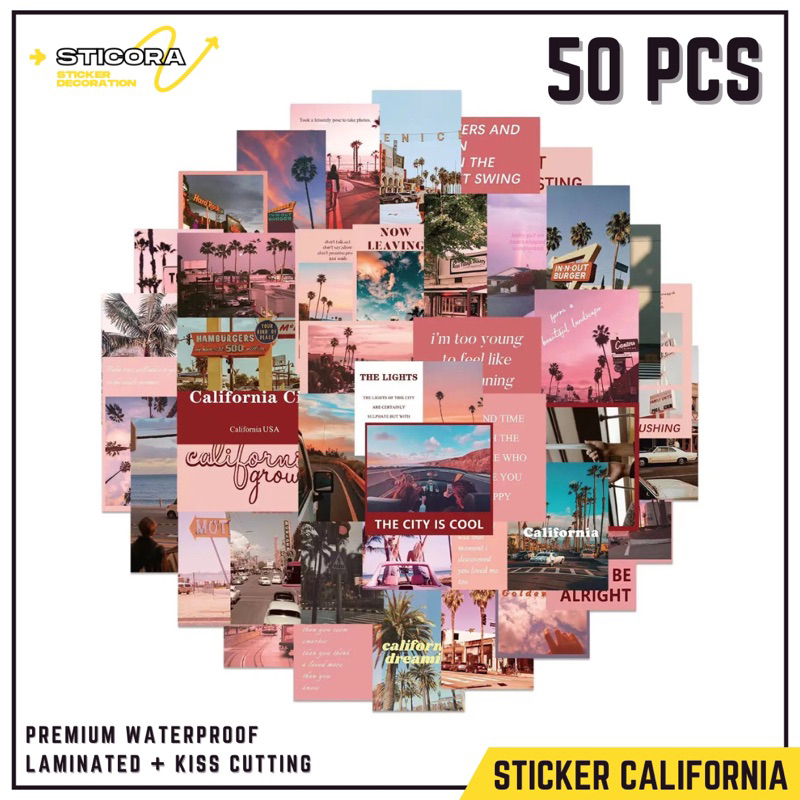 

[50 Pcs] Stiker Pack Pink California Aesthetic Vinyl Waterproof Laminated Dekorasi Laptop Handphone Thumblr