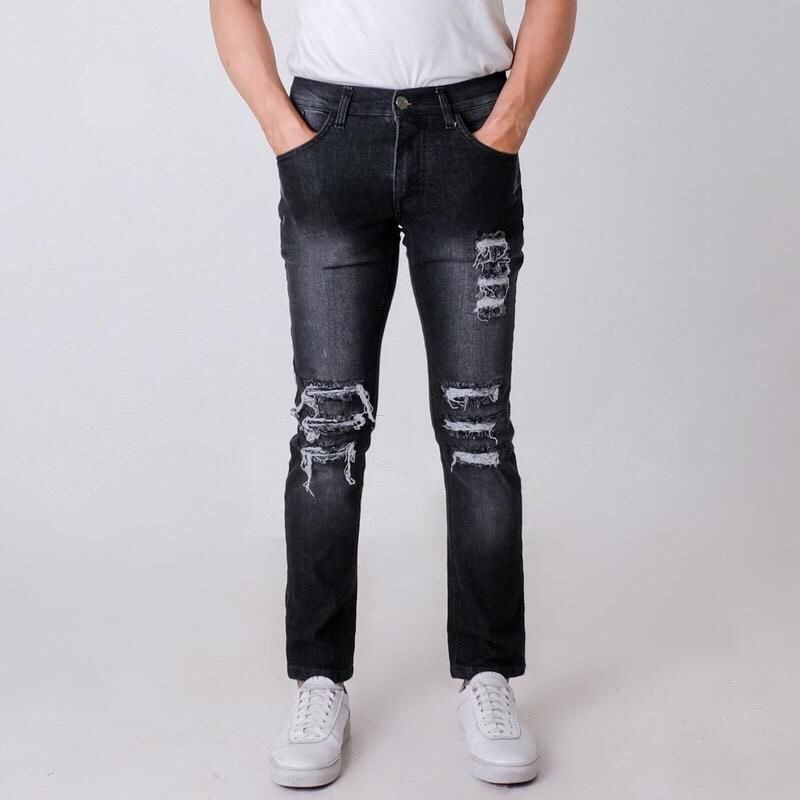 Celana Jeans Slimfit Sobek-Sobek Pria