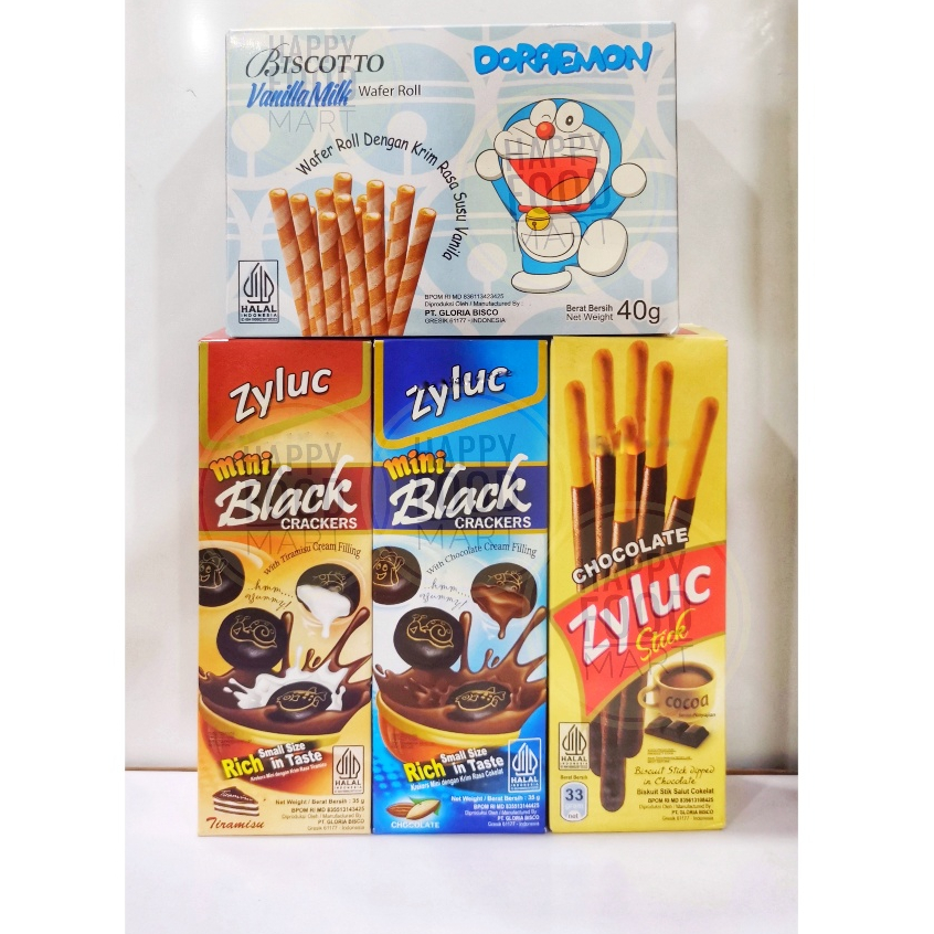 

[HALAL] BISCOTTO VANILLA MILK WAFER ROLL/ZYLUC BLACK CRACKERS/TIRAMISU CHOCOLATE CREAM/CHOCO STICK/CEMILAN JAJANAN ANAK/BISKOTTO DORAEMON