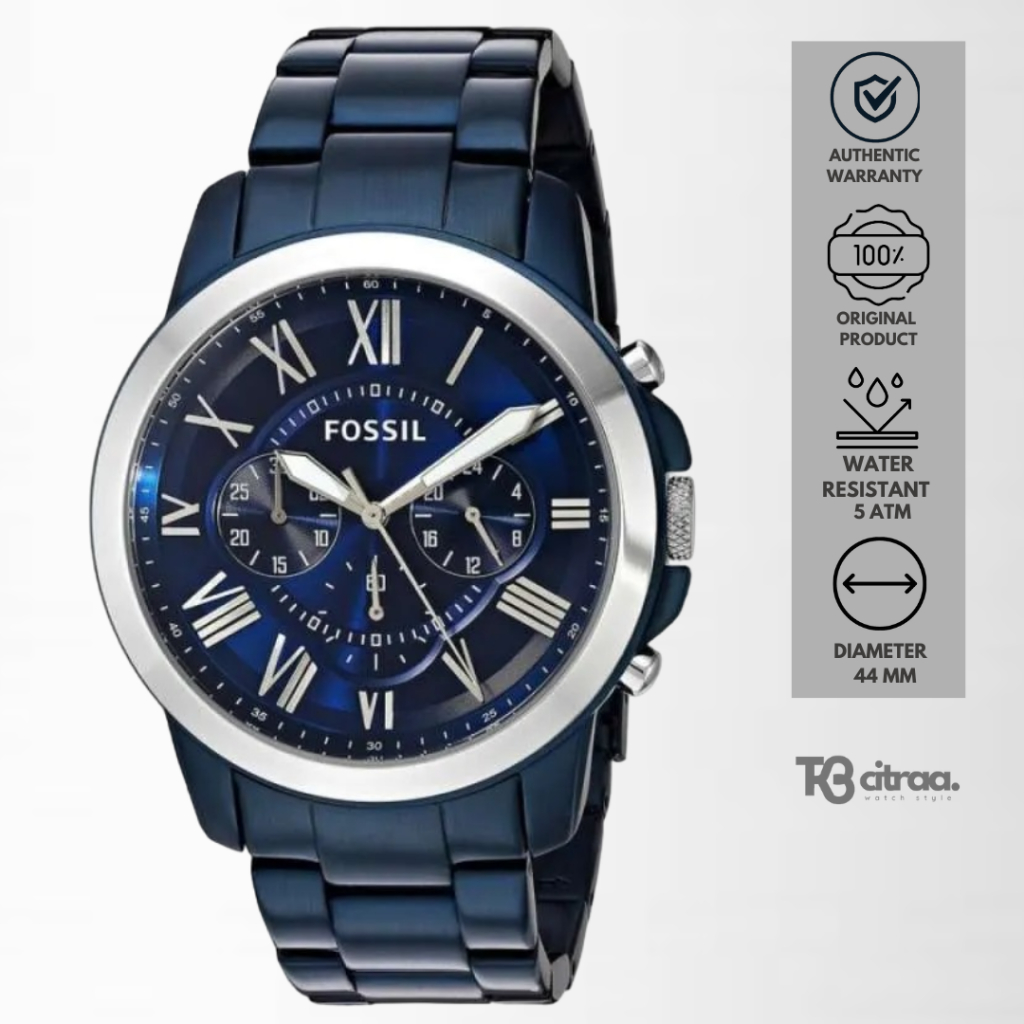 jam tangan fashion pria Fossil Grant analog strap rantai Chronograph Blue Tone Dial Stainless Steel 