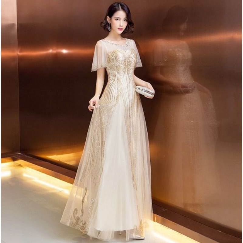 Lace Blink Sleeve Longdress Gaun Malam Gold Champagne/ Silver Pesta mewah