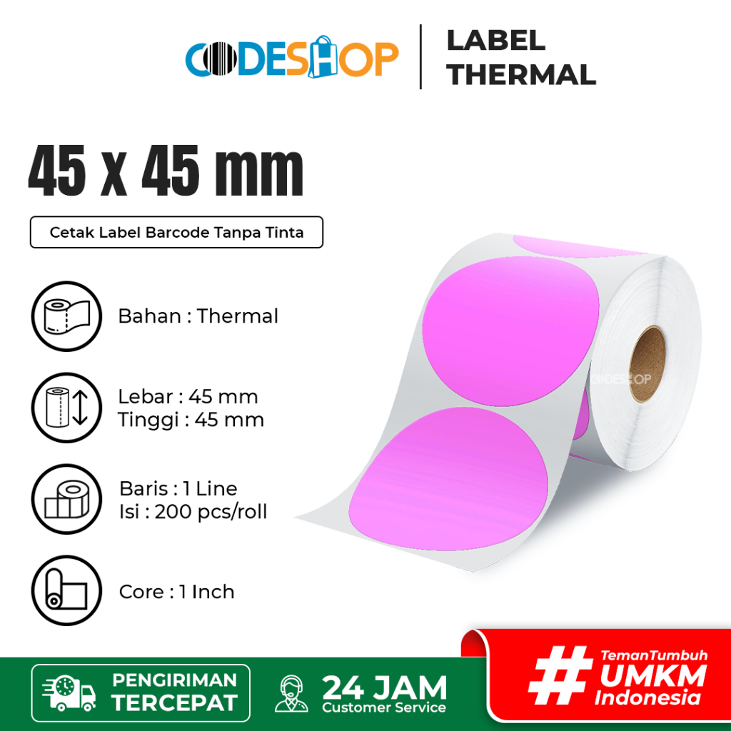 

Label Thermal Bulat 45 x 45 mm Warna Pink isi 200 pcs