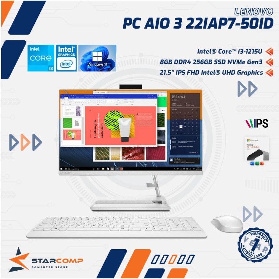 Lenovo All In One PC IdeaCentre AIO 3 22IAP7 50ID Intel Core i3 1215 8GB 256GB 21.5″ FHD IPS White