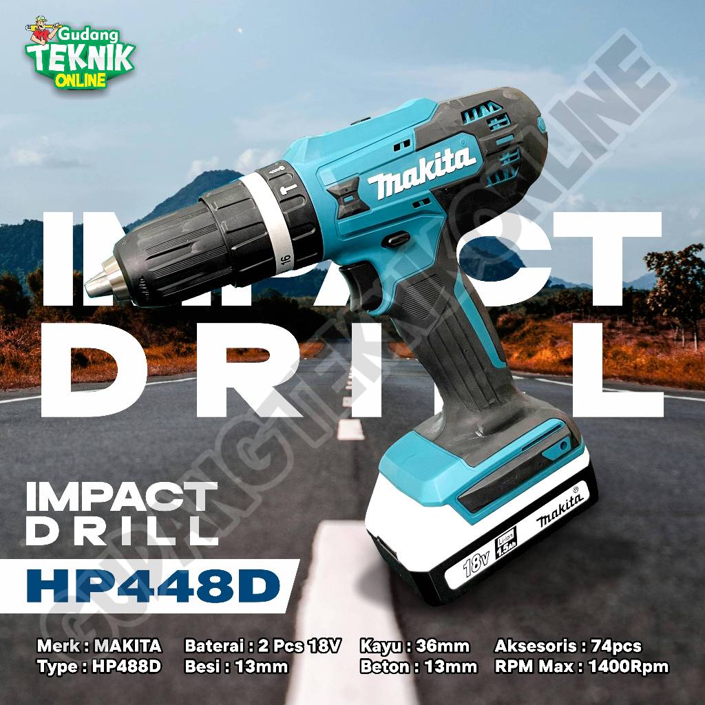 Mesin Bor CORDLESS 13mm HP488D MAKITA /  Mesin Bor Tangan BATERAI 13 mm HP 488D - CORDLESS Drill HP-