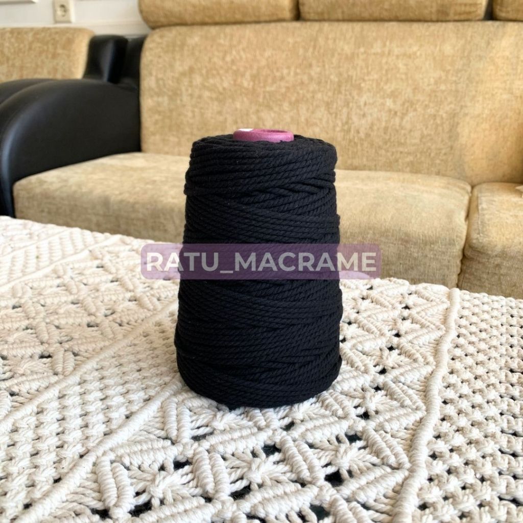 Tali Katun Macrame HITAM 2MM 3MM 4MM 500GR 3PLY
