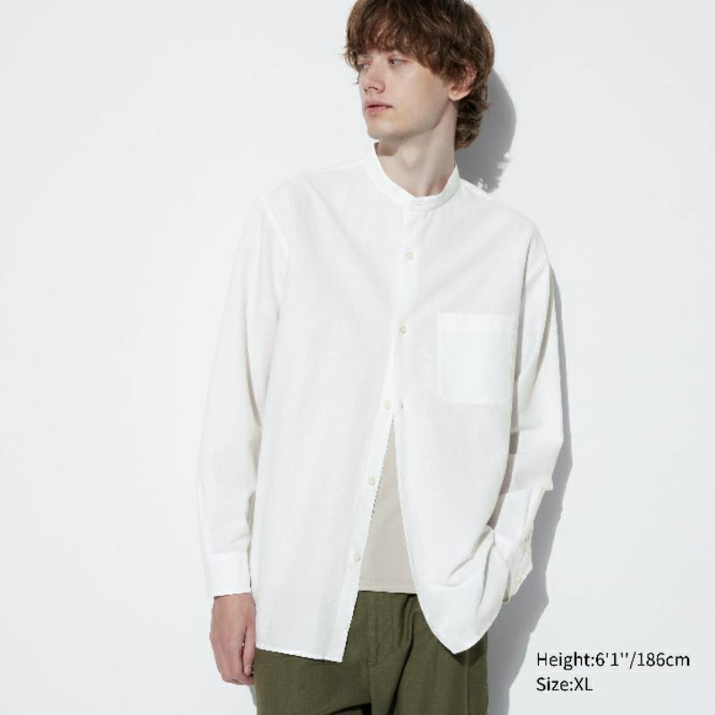 Kemeja Uniqlo Linen kerah tegak lengan panjang baju shanghai kasual original