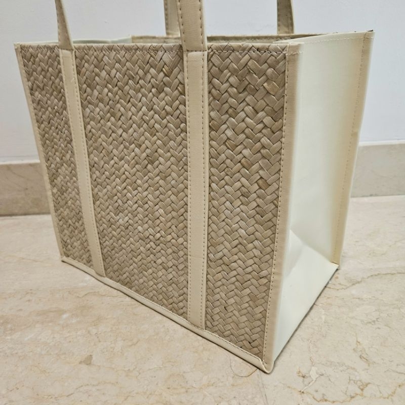 Aluna Bag - Tas pandan natural kulit putih, Tas anyaman pandan putih, Tas hampers besar, Tas anyam