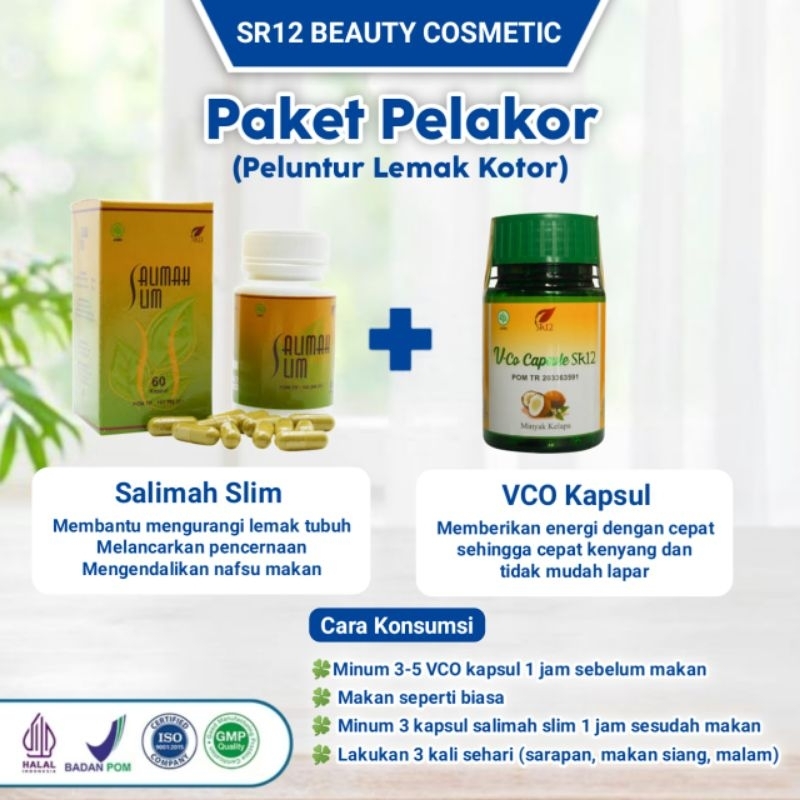 AMPUH!! PAKET PELANGSING BADAN SALIMAH SLIM SR12 DAN VCO / PENURUN BERAT BADAN BPOM / OBAT DIET HERB