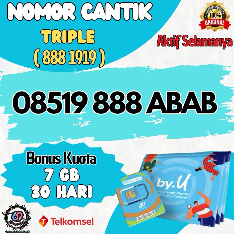 Nomor Cantik Couple Triple (888 ABAB) Kartu Perdana by.U Telkomsel (Bonus Kuota 7GB/30hari)