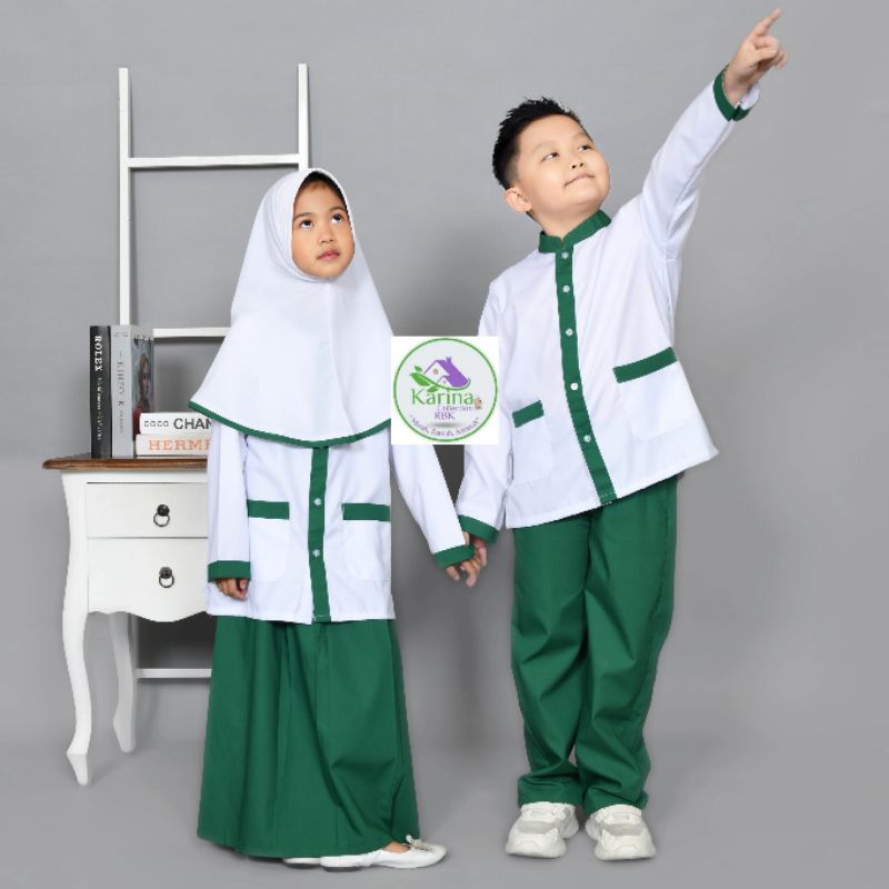 seragam sekolah Madrasah Dan Tk Paud muslim  Perempuan dan laki laki / Gamis sekolah putih hijau fre