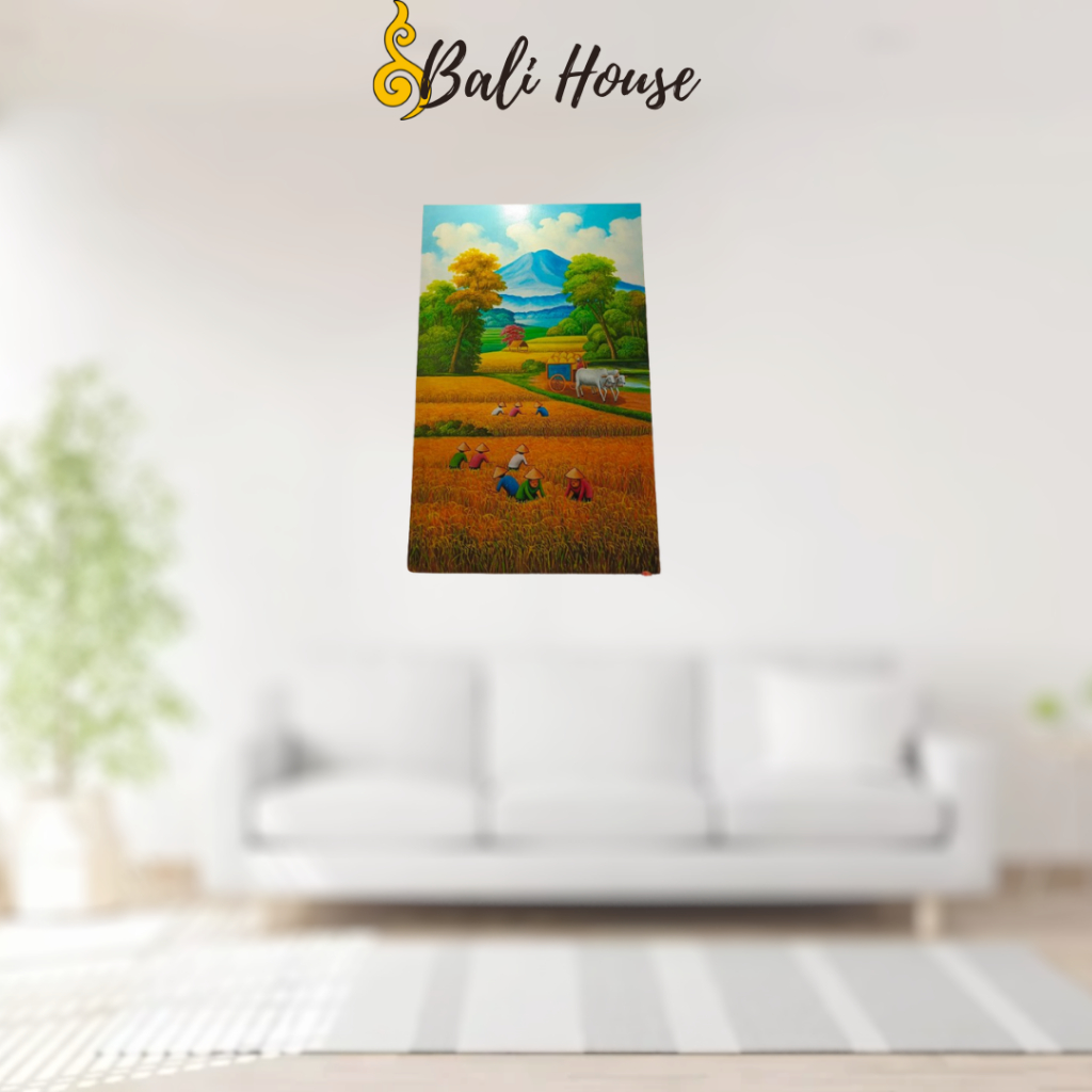 Lukisan abstrak pemandangan sawah di desa